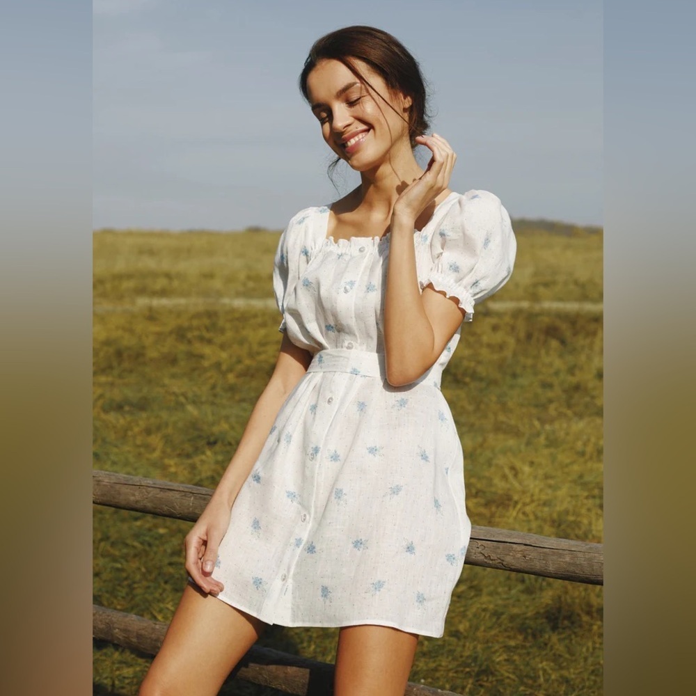 SLEEPER Brigitte Linen Mini Dress floral print milkmaid whimsical feminine